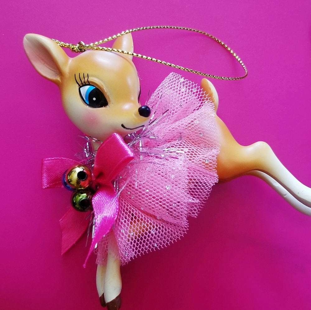 ❗MCM Style Retro Deer Holiday Ornament with Pink Tool and Tinsel❗